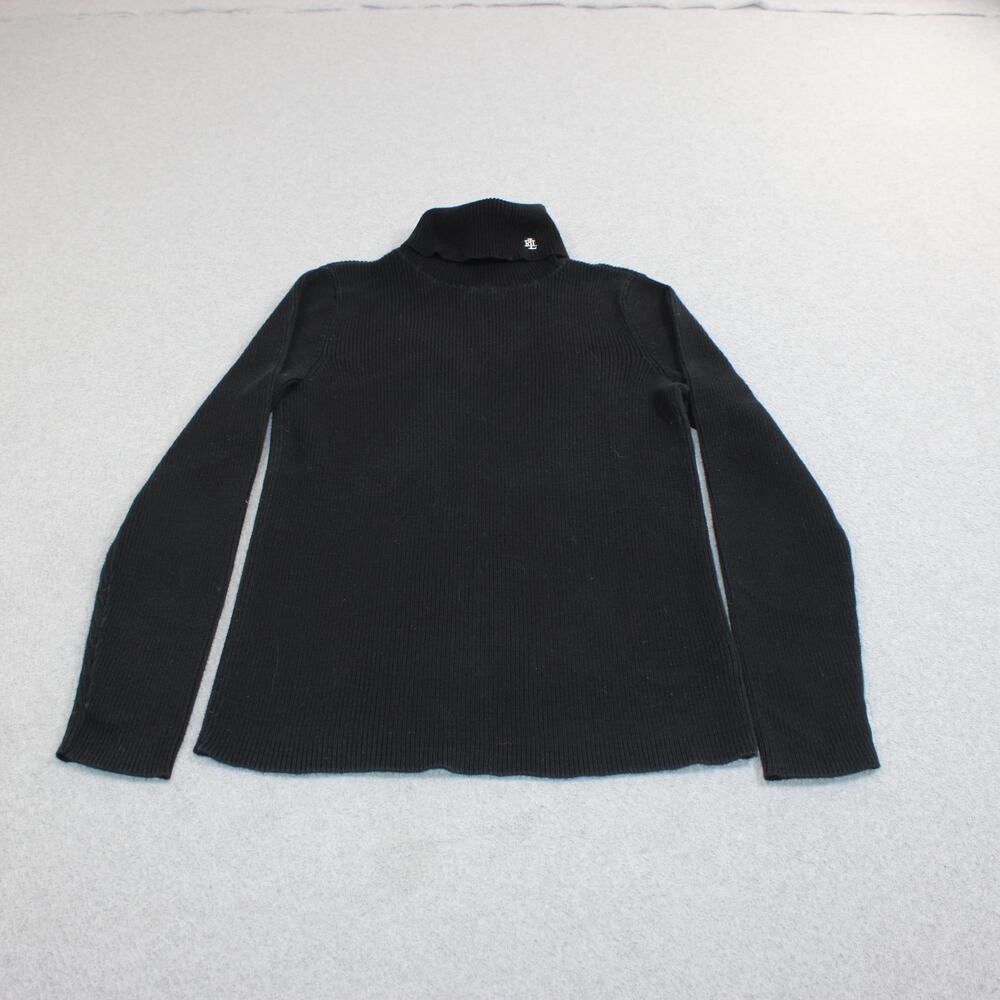 Lauren Ralph Sweater Women Large Black Turtleneck Cotton Logo Ribbed Heritage
